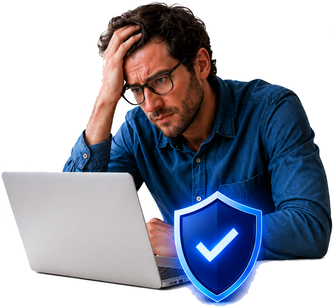 Worried computer user protected by a shield during a PC health check